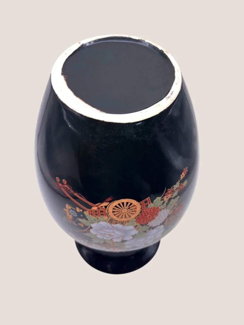 Vintage Black Japanese Floral Porcelain Vase Double Handle Gold Trim 10.5